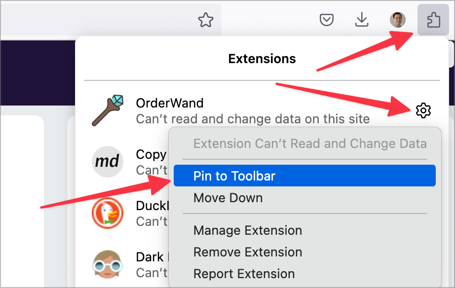OrderWand pin to toolbar